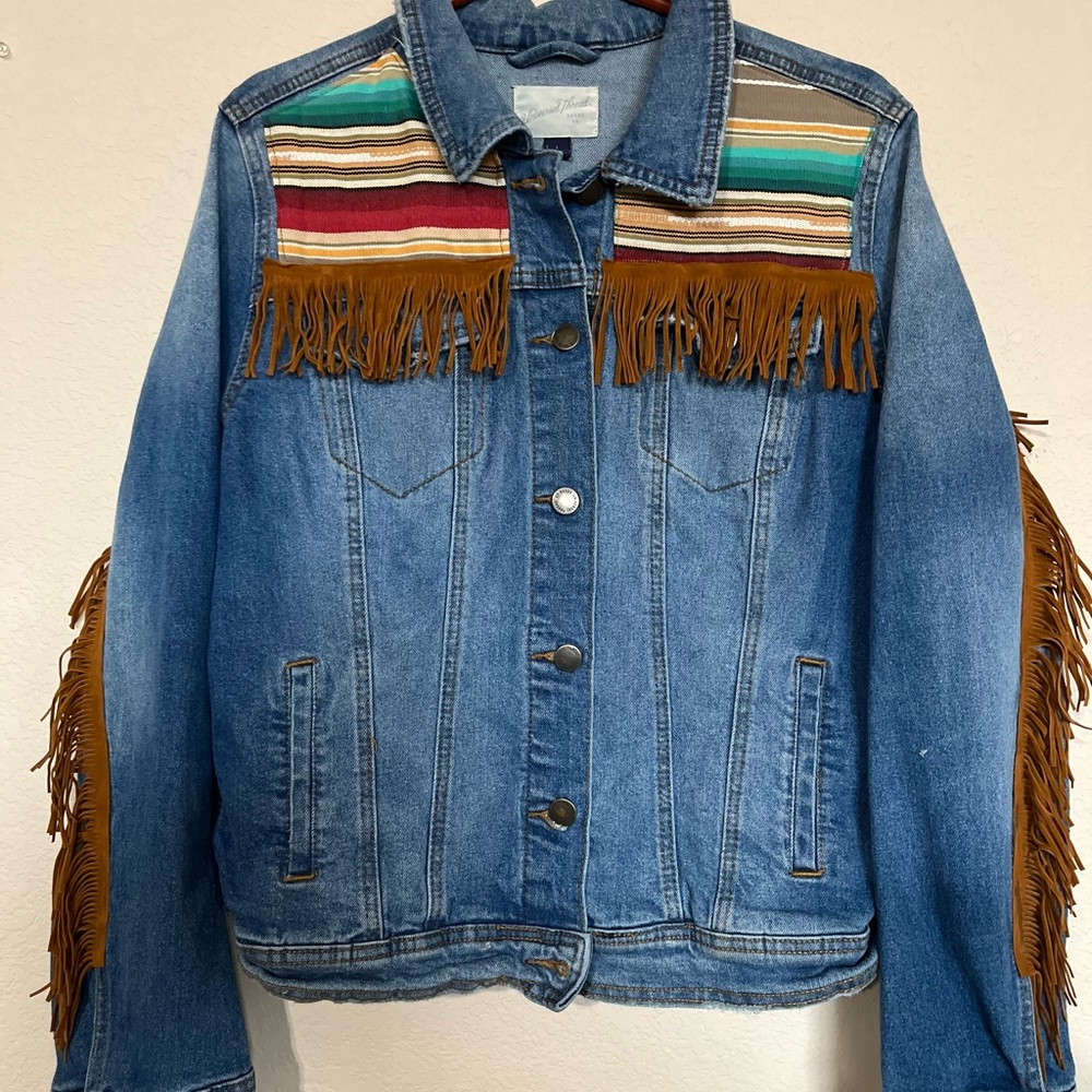 Universal Thread Upcycled denim jacket with fringe and patchwork. Size M $50.